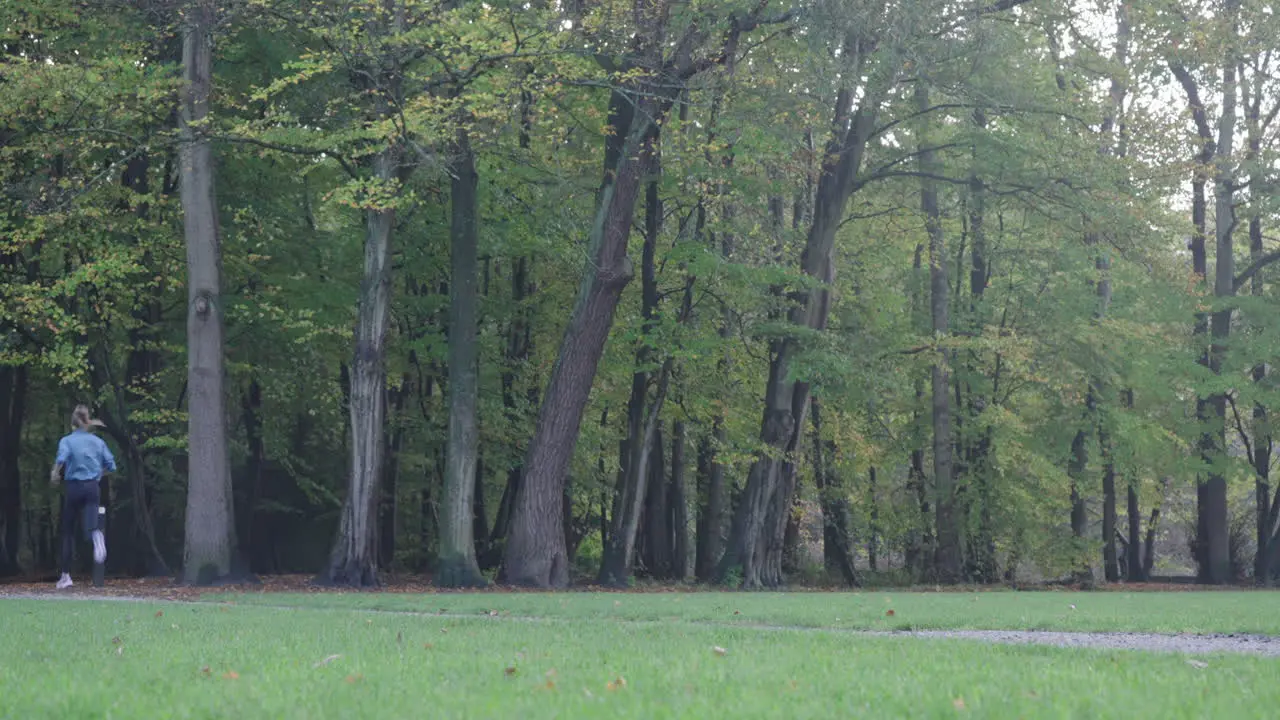 Static shot capturing a woman running over a grassy field in the park