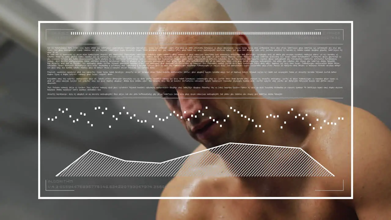 Animation of diagrams and data processing over caucasian man exercising at gym