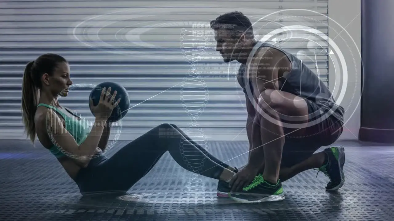 Digitally composite video of trainer assisting woman in exercising 4k