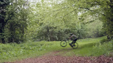 Man On Mountain Bike Cycling Along Trail Through Countryside And Woodland At Speed