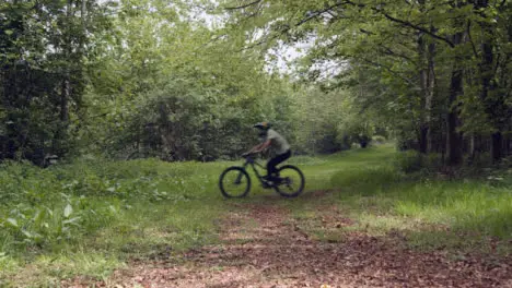 Man On Mountain Bike Cycling Along Trail Through Countryside And Woodland