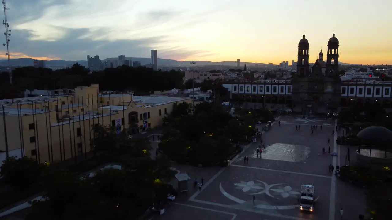 View of the Basilica of Zapopan at sunset backwards view