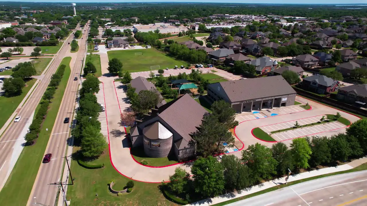 Aerial footage of Faith Lutheran Church in Flowermound Texas located at 6000 Morriss Rd Flower Mound TX 75028