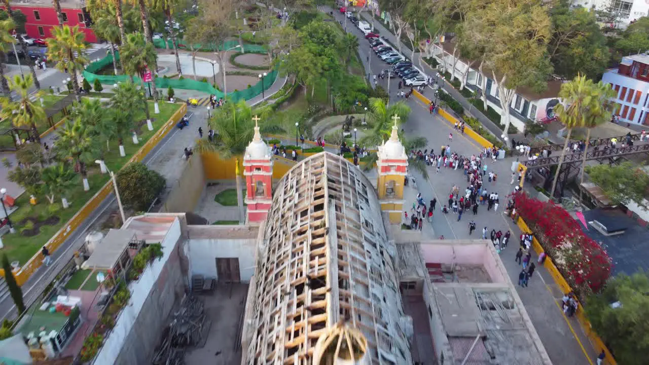 Drone video of an old delapidated church in Lima Peru that is almost fallen down