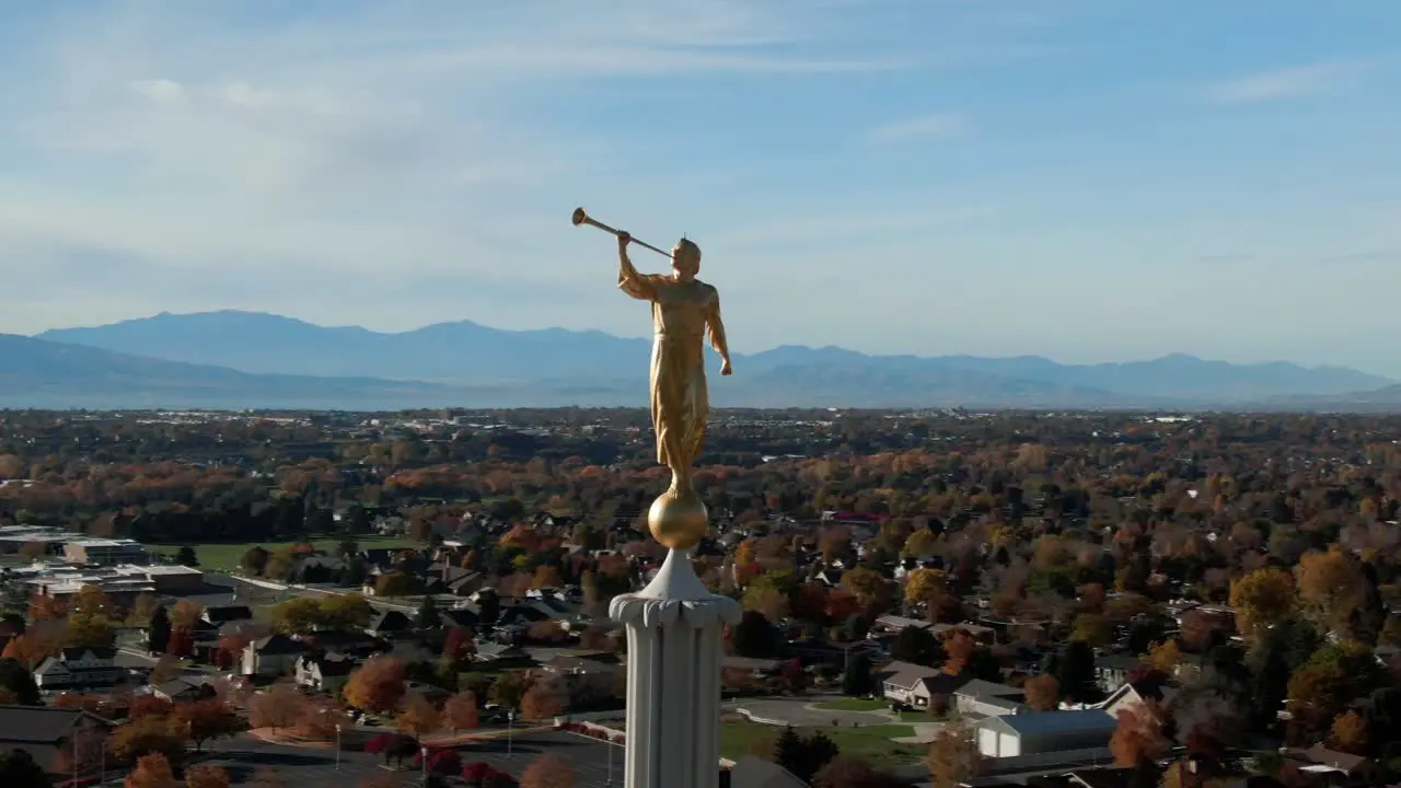 Angel Moroni Statue on LDS Mormon Temple overlooking Beautiful Utah Aerial