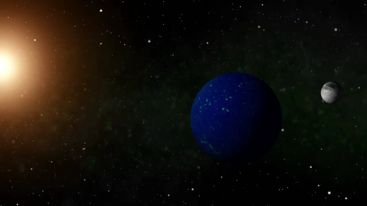 Space travel to a mostly water planet with a pale moon and yellow sun and green nebula in the background