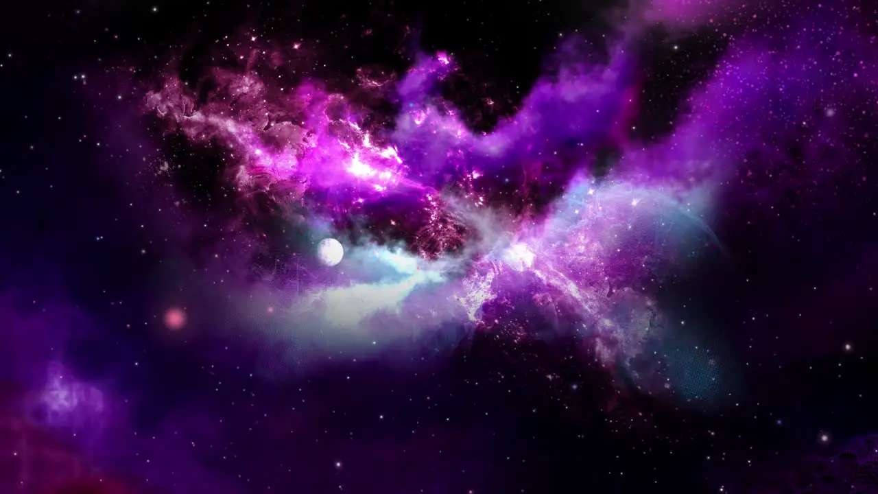 Colorful animation of flying through outer space moving through galaxies and stars