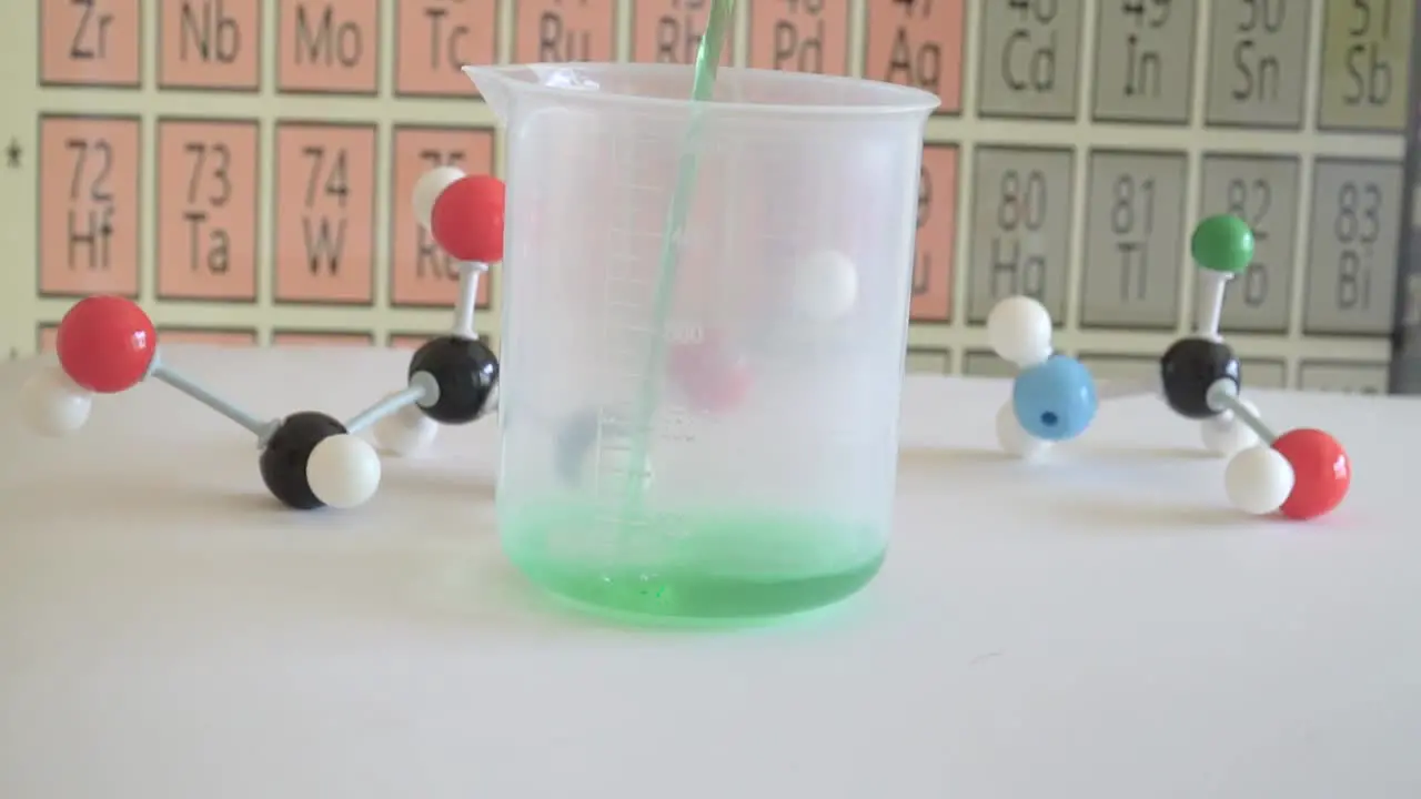 Chemical solution is being poured into a beaker with periodic tanle and molecule in background 