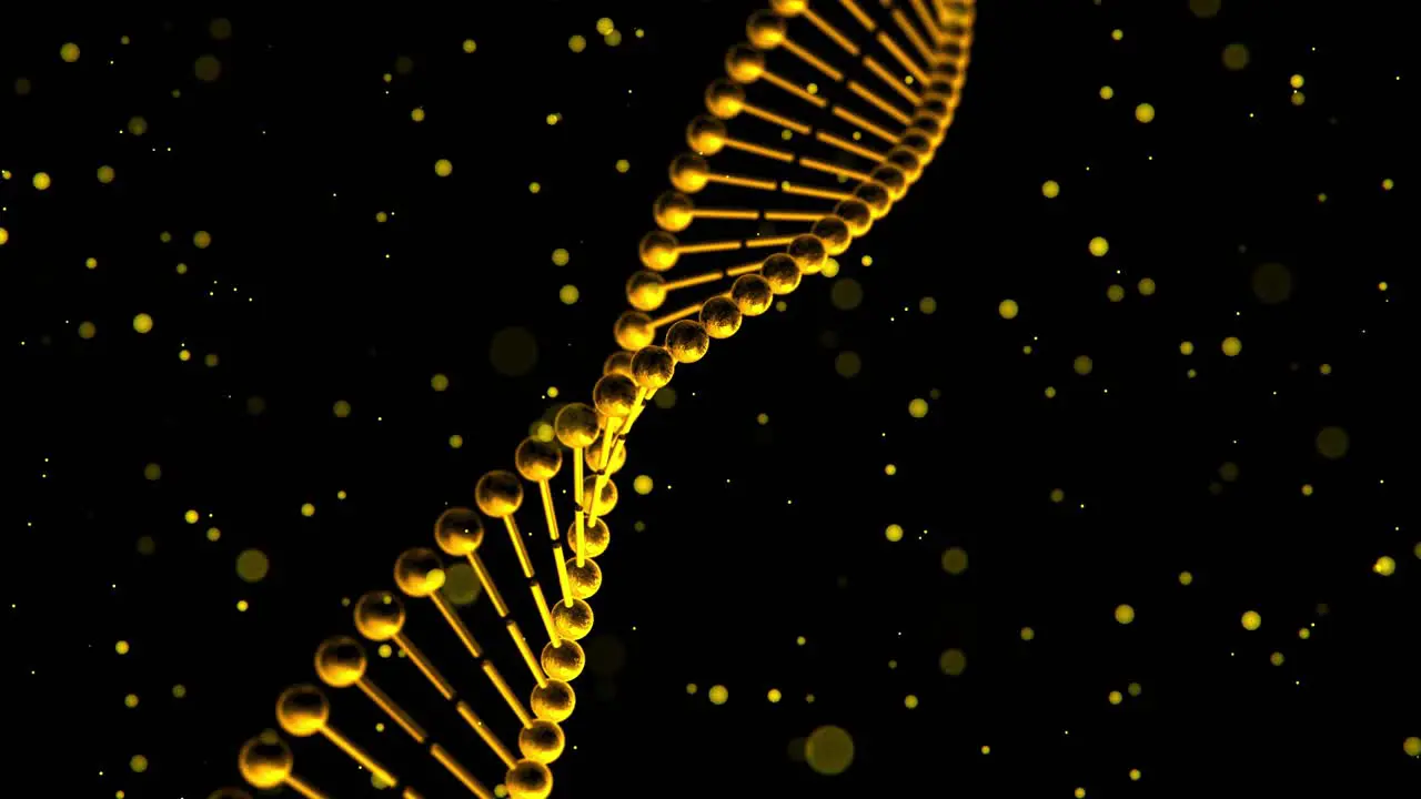 3D zoom in animation of rotating golden-colored DNA helix strands with floating particles on black background