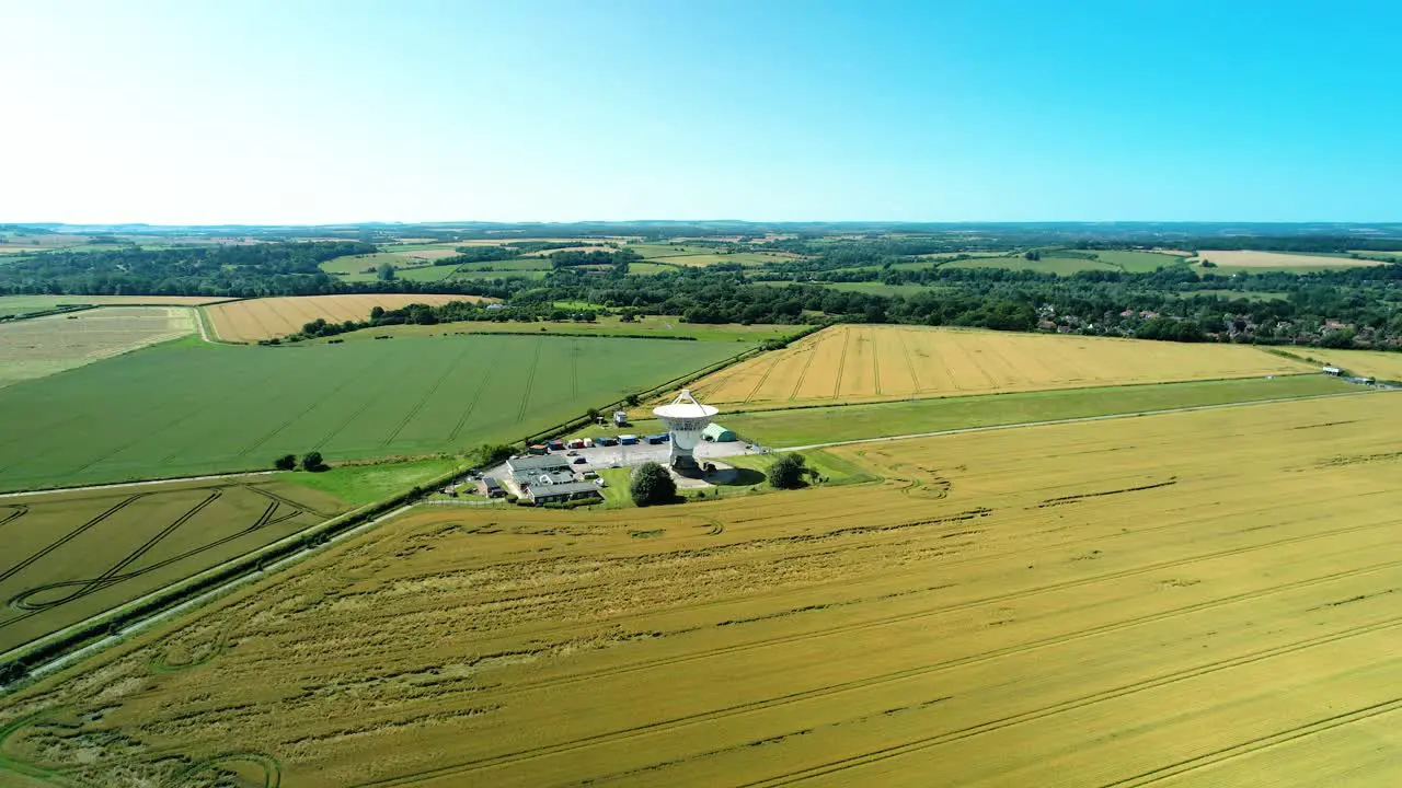 Chilbolton Observatory astronomy radio telescope dish array aerial view pull back reveal