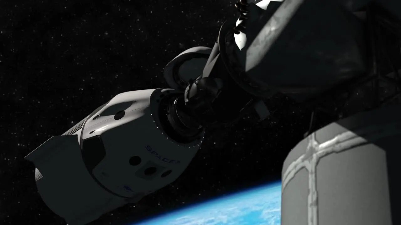 Highly detailed 3D CGI simulation of the SpaceX Dragon space capsule slowly closing in to dock with the International Space Station