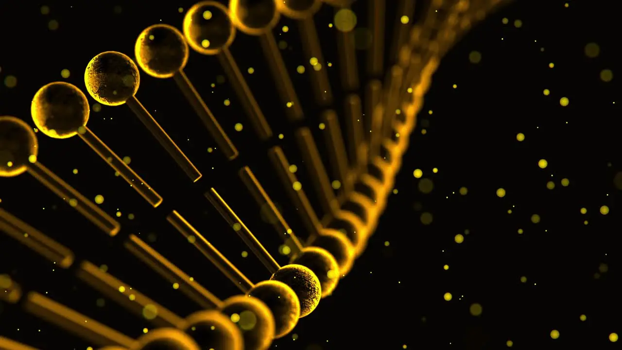 3D animation of rotating golden colored DNA strands with floating particles on black background