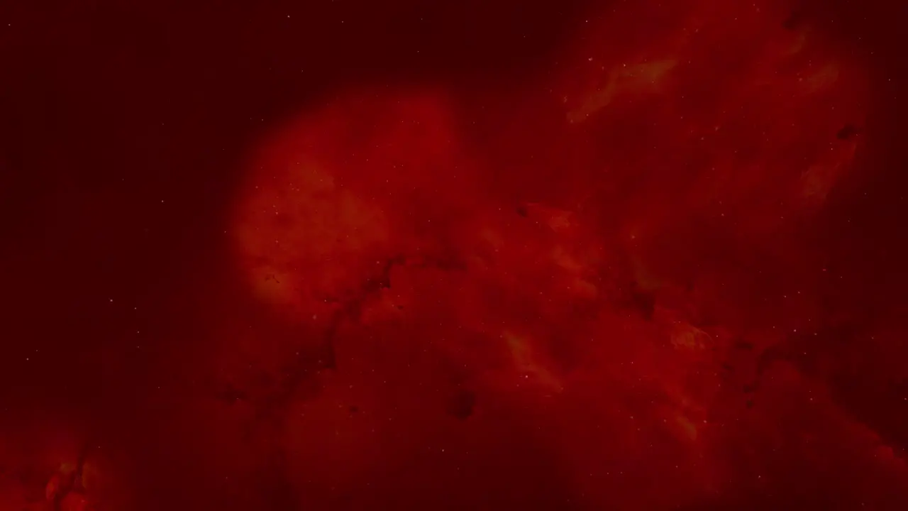 Camera flying towards giant red nebula clouds in outer space