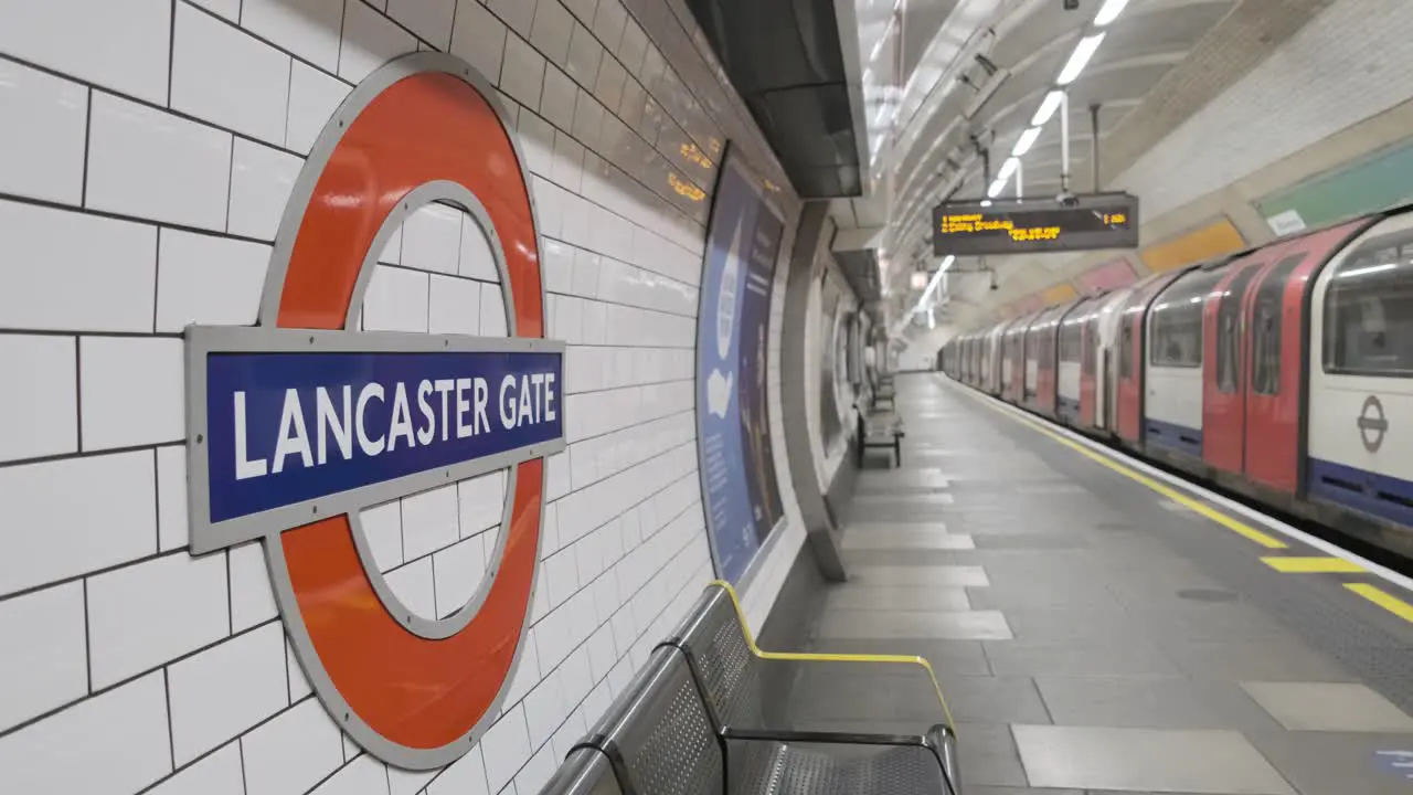 London Central Line tube train leaving an empty Lancaster gate station