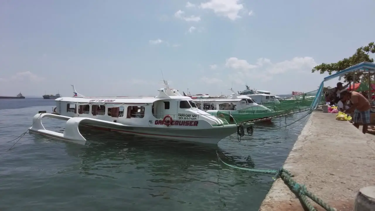 Commuter ferries docked at the coast with people working