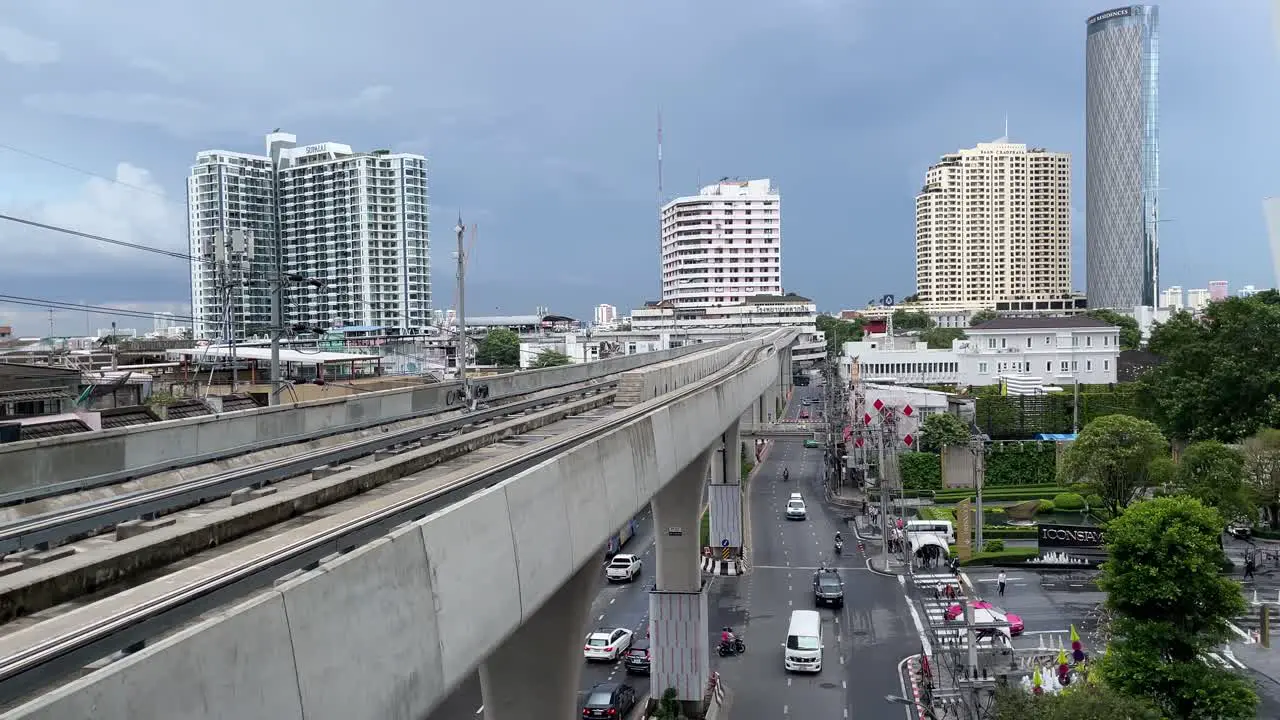 Skytrain elevated tracks against Bangkok skyline as seen from Charoen Nakhon station