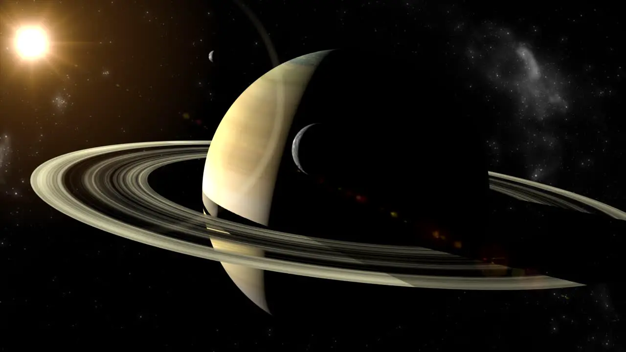 Truly beautiful 3D CGI simulation of the planet Saturn as the camera orbits slowly to reveal the planet�s moons Mimas and Titan