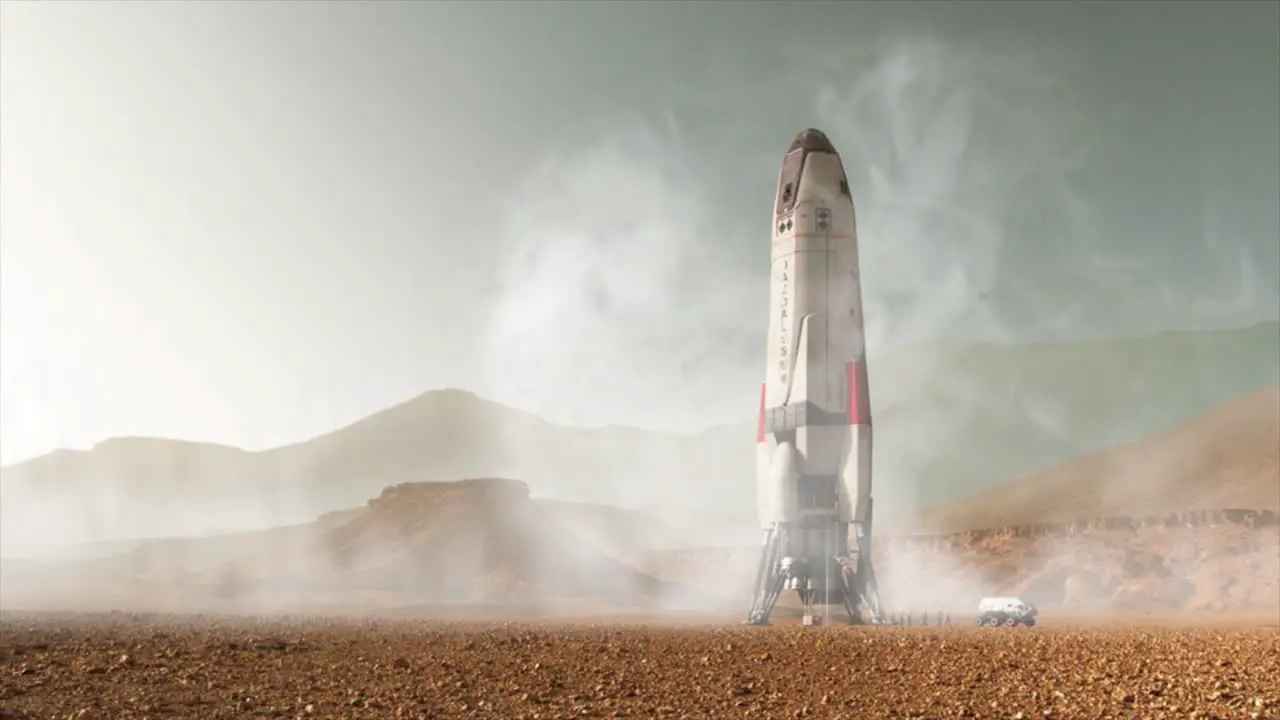 Mars landing space shuttle on the mars surface with white smokes coming out of it's engine