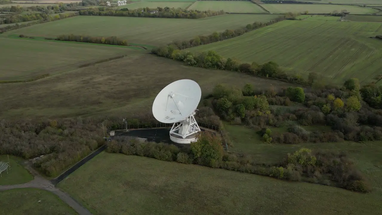 Aerial shot of the modern radiotelescope antenna at the Mullard Radio Astronomy Observatory