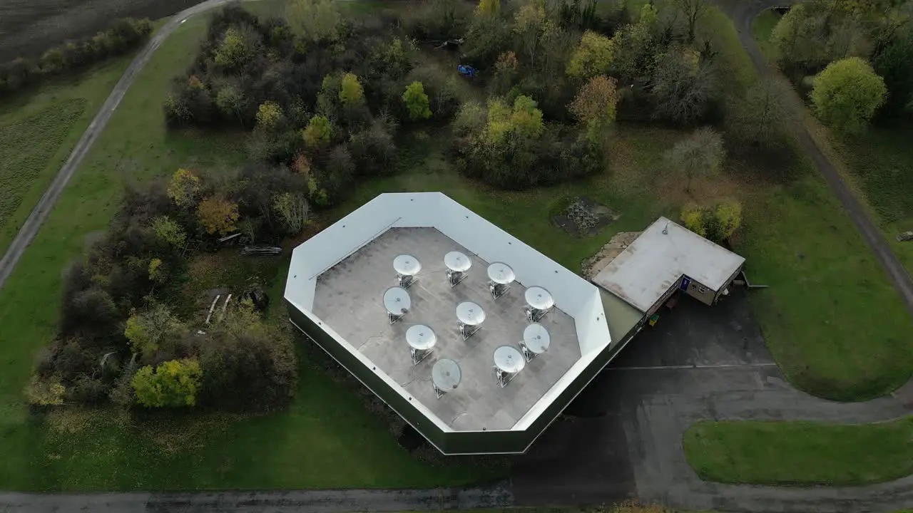 Aerial establishing shot of the Arcminute Microkelvin Imager Small Array at the Mullard Radio Astronomy Observatory