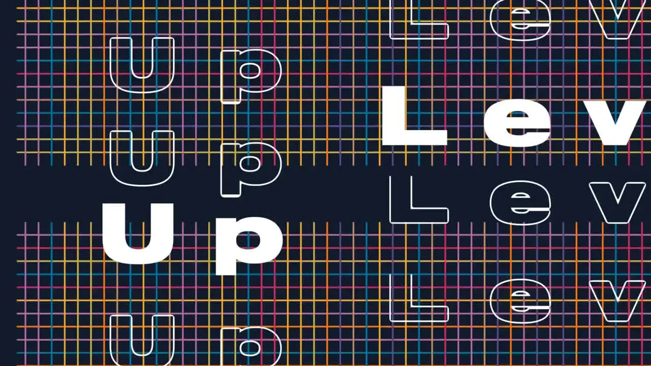 Animation of level up text in white and outline over multi coloured mesh on black background