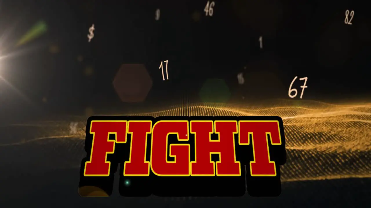 Animation of fight text over numbers and gold mesh flowing