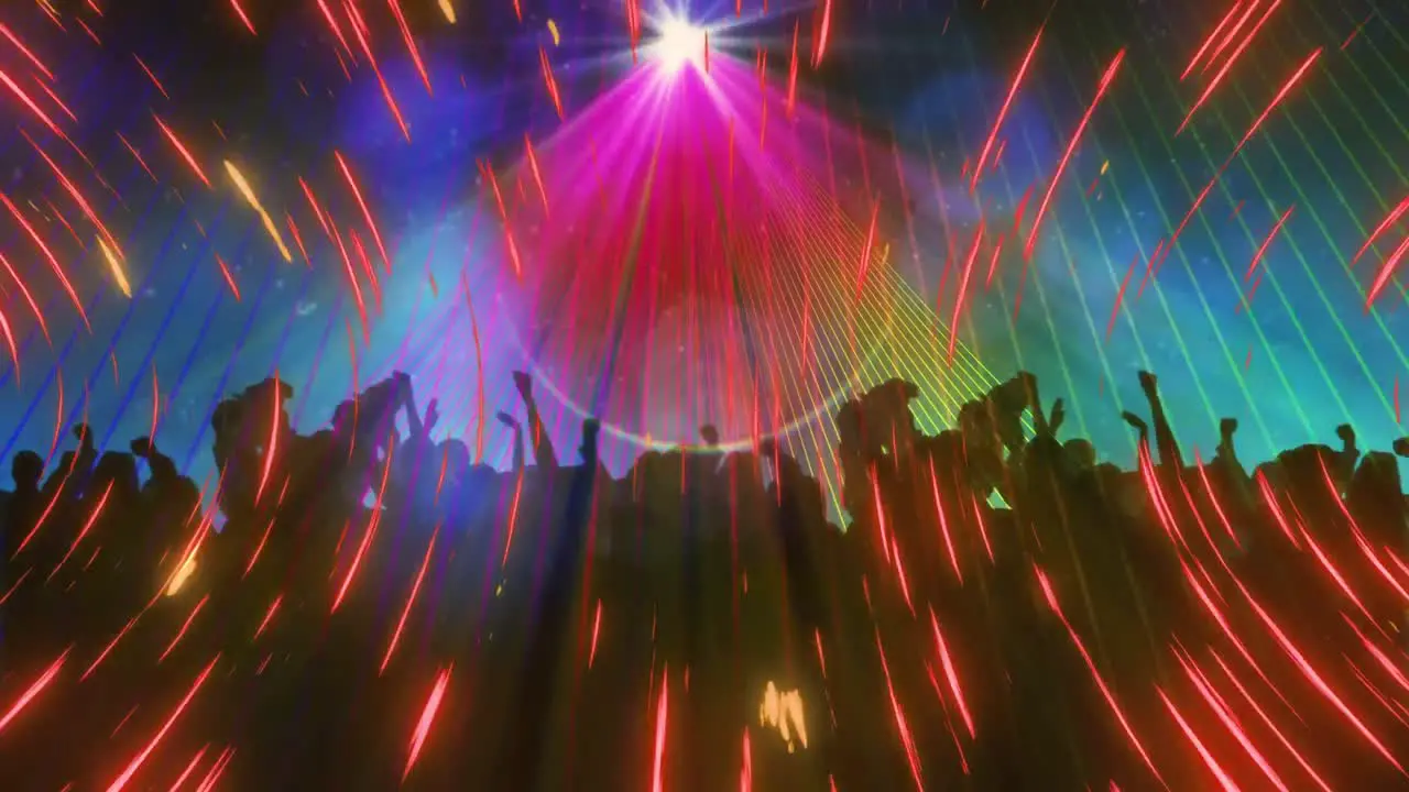 Animation of people dancing at party with spinning spotlight and light trails