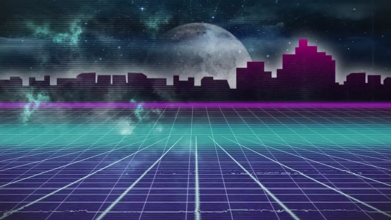 Animation of night cityscape over moving blue grid