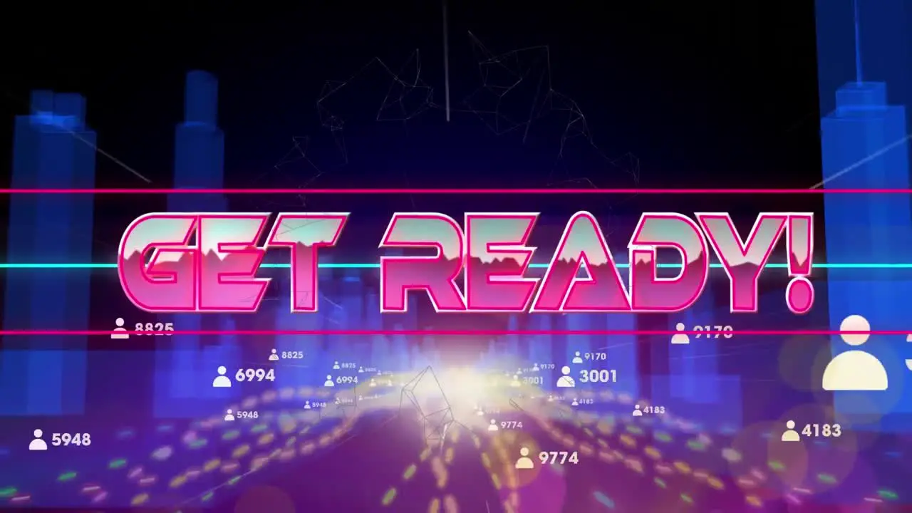 Animation of get ready text in metallic pink letters over cityscape numbers and people icon