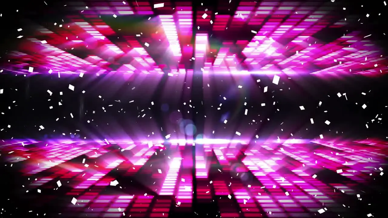 Animation of confetti falling over glowing pink music equalizer