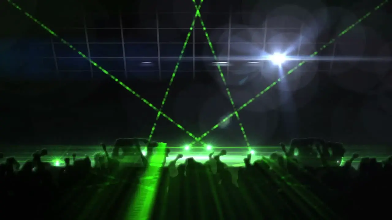 Animation of people dancing in club music venue with green light moving over glowing spotlights