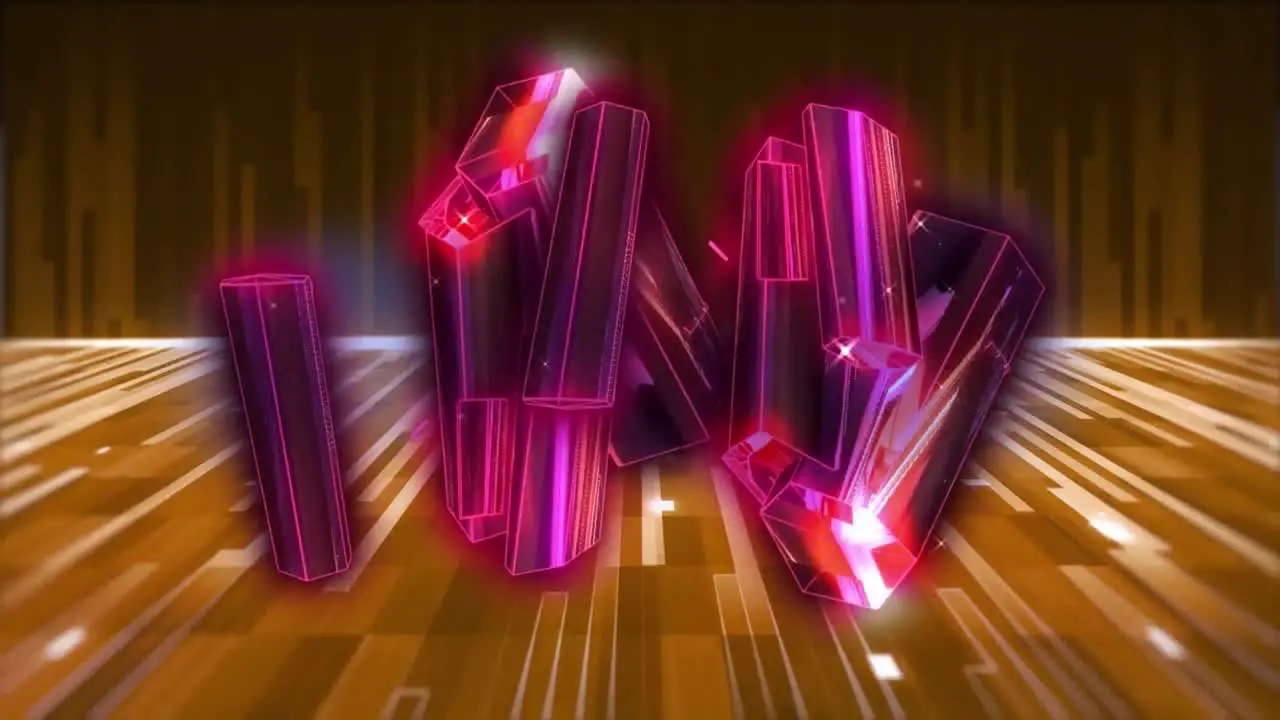 Animation of pink glowing 3d shapes over glowing orange stripes and moving colorful grid