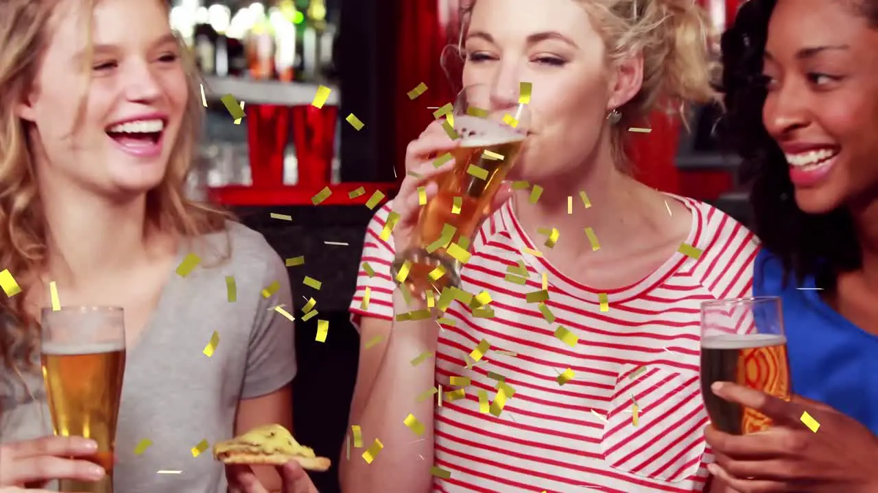 Animation of confetti falling over happy group of friends drinking beer at party