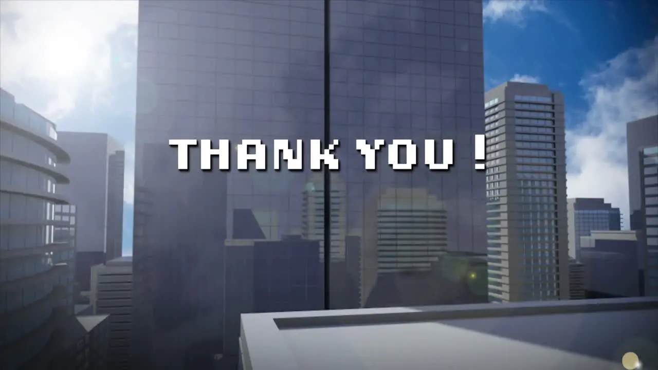 Animation of thank you text over digital cityscape