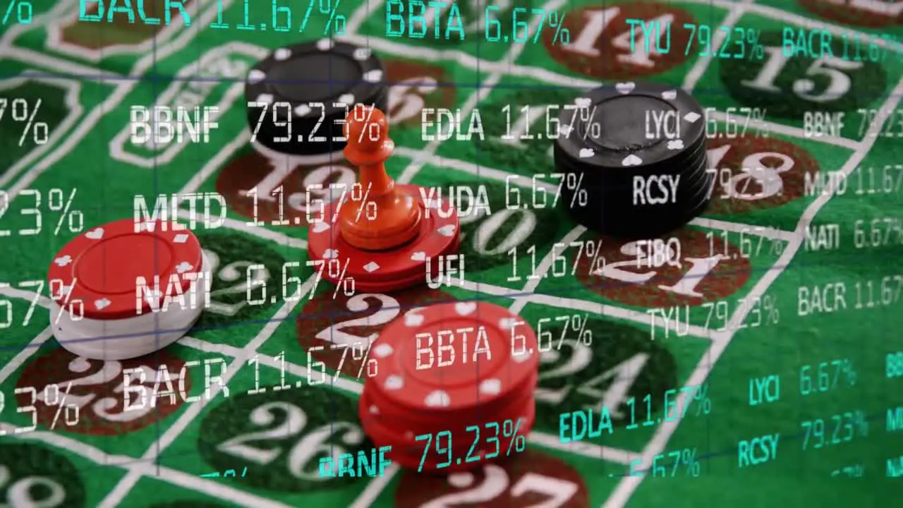 Animation of financial data processing over stacks of casino game chips on board