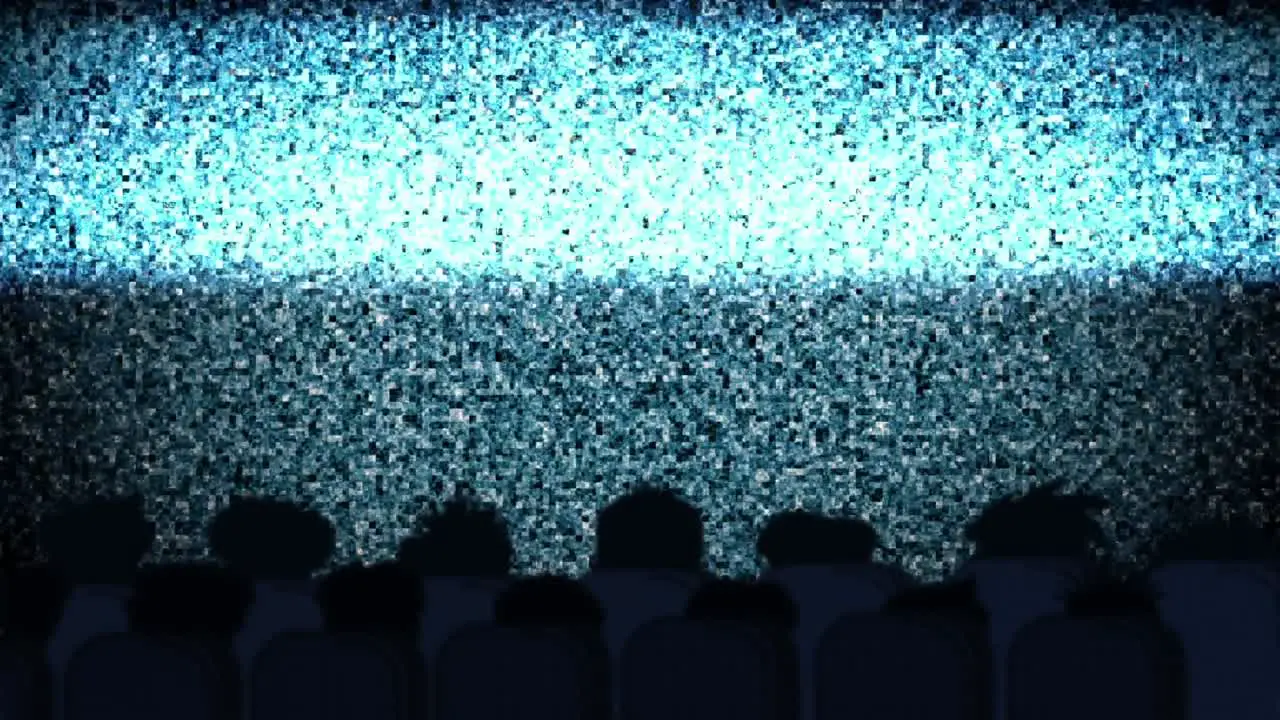 Animation of people silhouettes sitting in cinema and looking at screen with glitch in the backgroun