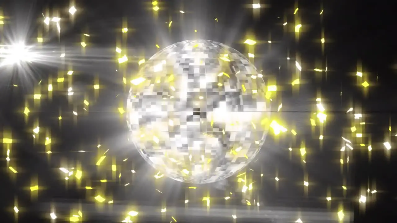 Animation of stars and disco ball rotating on black background with lights