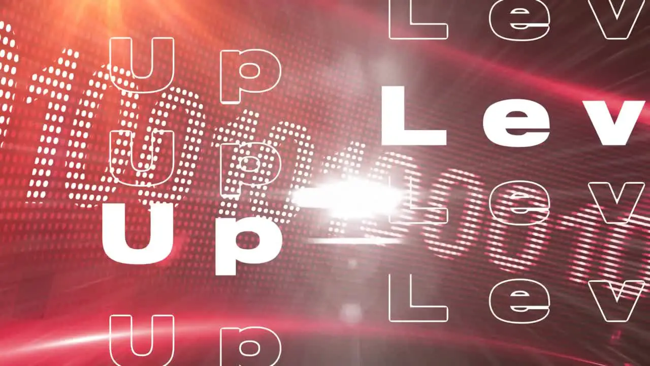 Animation of level up text in white letters and digital numbers on red background