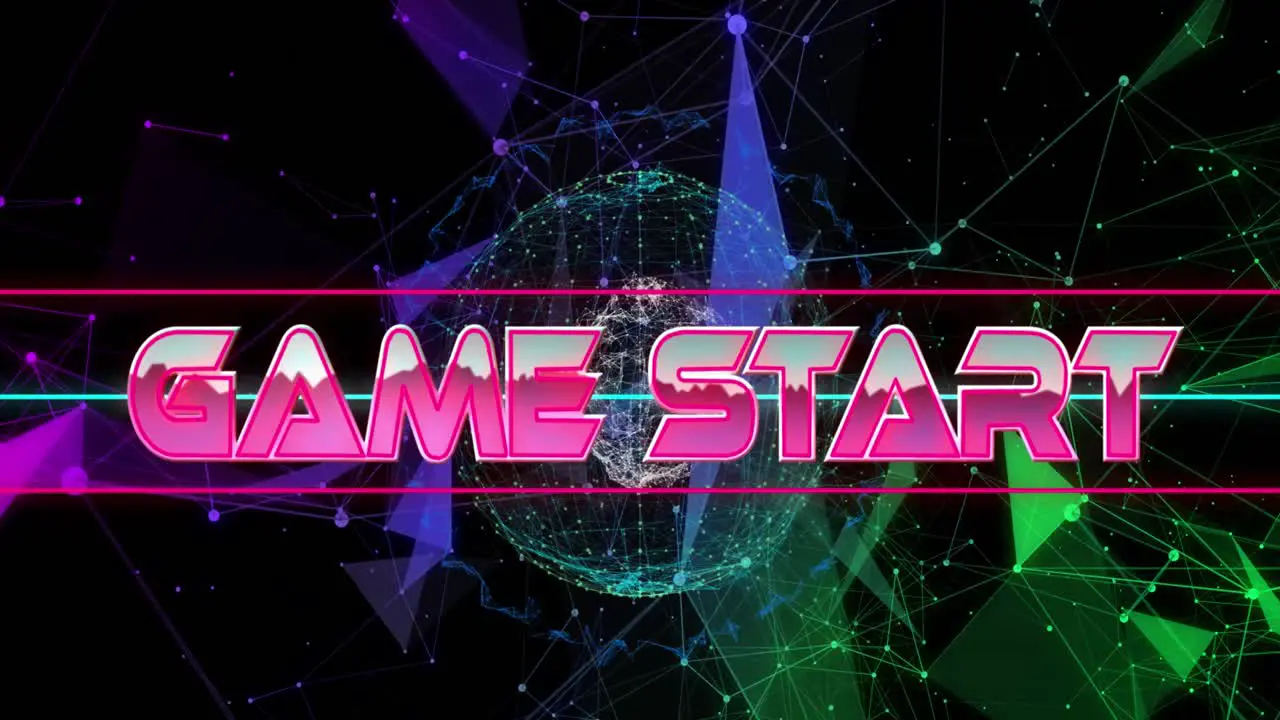 Animation of game start over globe with connections and shapes on black background