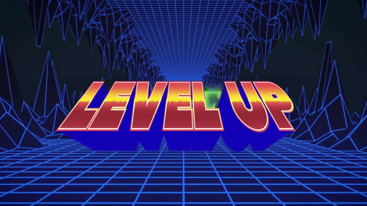 Animation of level up text over blue lines on black background