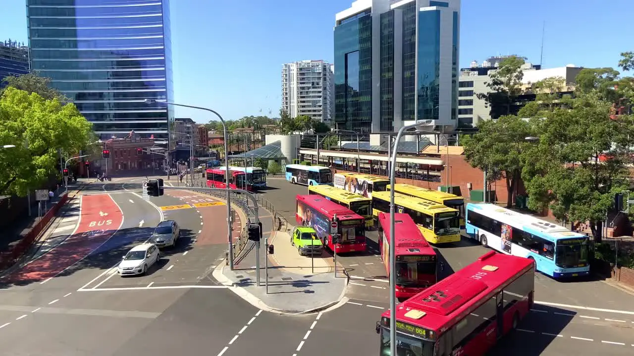 Sydney Bus Depot in the middle of busy city waiting for passengers to board near the train station