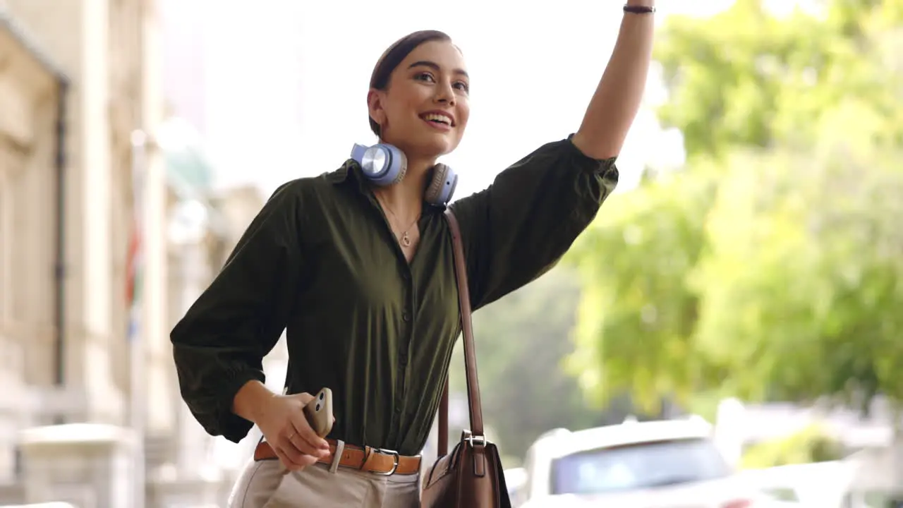 Happy city and woman calling cab