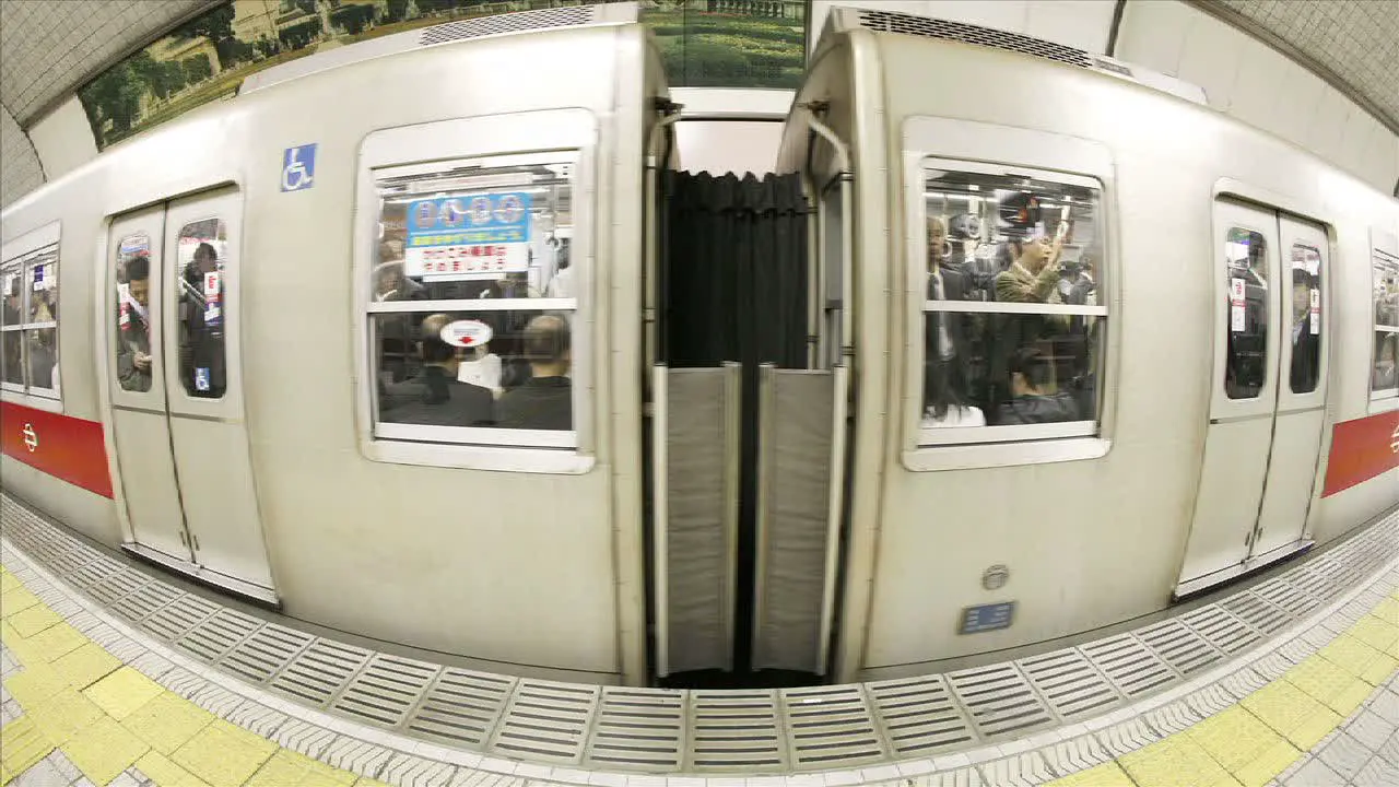 Passengers enter and exit subway cars in Osaka Japan