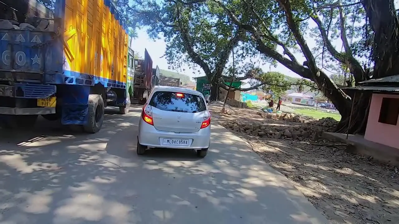 goods truck many waiting in traffic jam at border crossing from flat angle view video is taken at dawki meghalaya north east india on July 06 2023