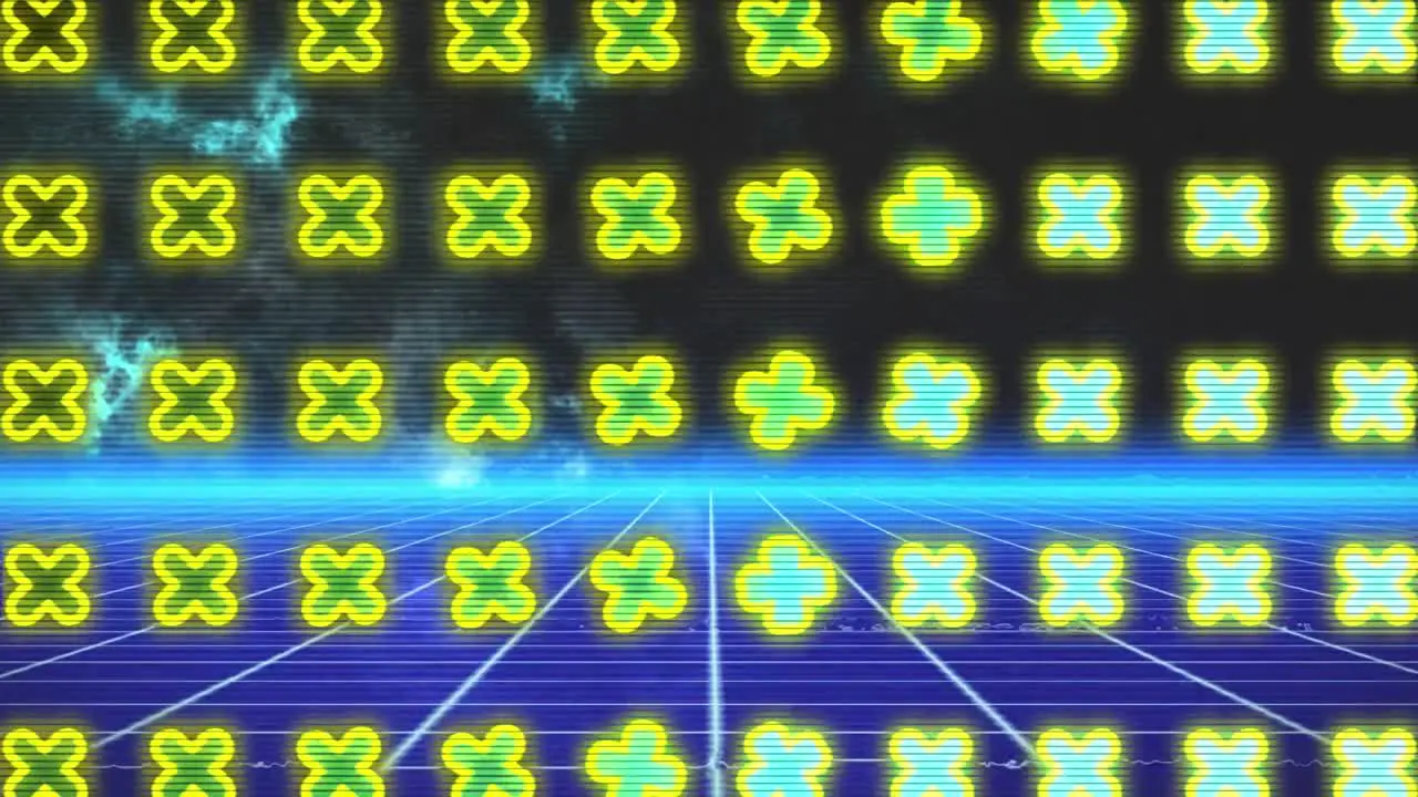 Animation of yellow shapes over glowing blue moving colorful grid