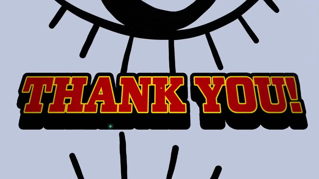 Animation of thank you text in red and yellow over black outlined eye on grey background