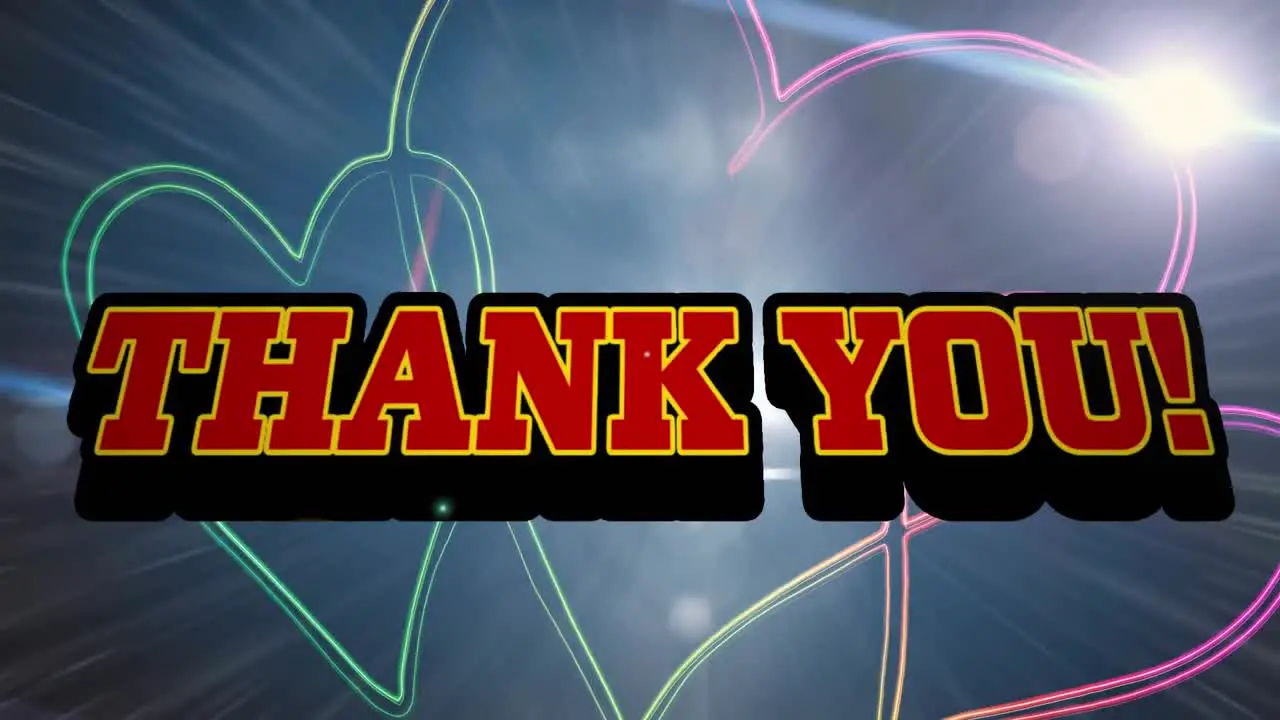 Animation of thank you text in red letters over green to pink heart drawings on blue background