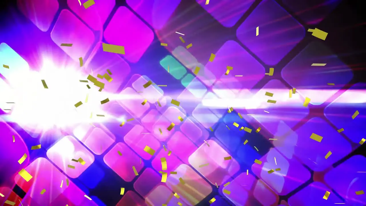 Animation of confetti falling over glowing pink digital squares