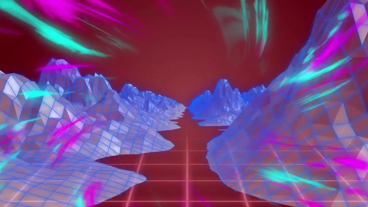 Animation of blue and pink lights colorful digital landscape on moving colorful grid