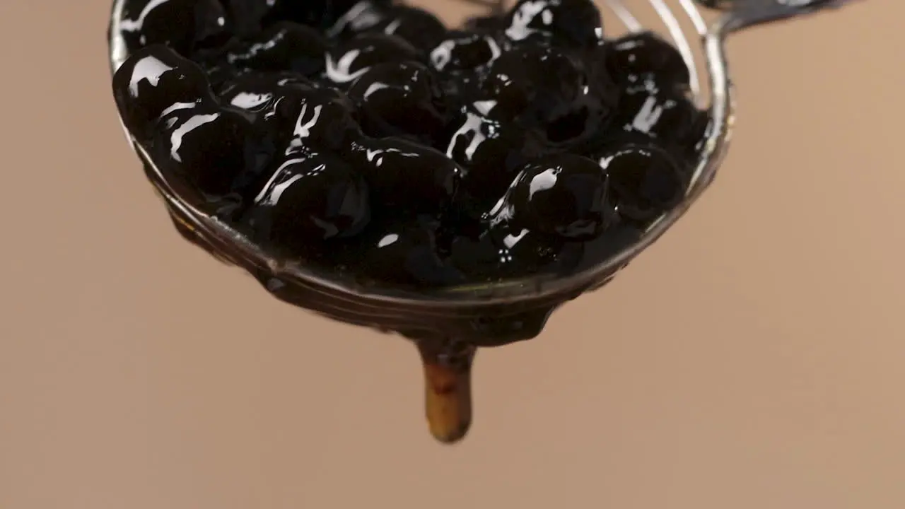 Close up on Steel Spoon with Sticky Black Tapioca Pearls Falling Soft Background